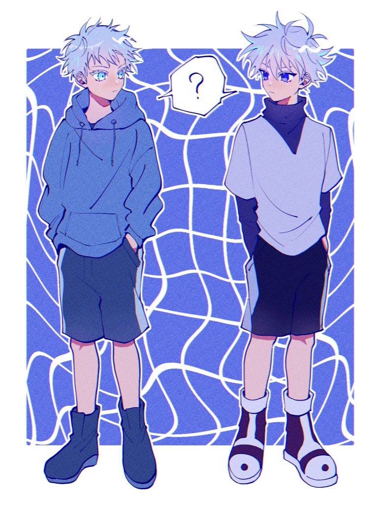 2boys aged_down blue_background blue_eyes blue_footwear blue_hoodie blue_shorts closed_mouth commentary_request crossover full_body gojou_satoru grey_shirt hands_in_pockets hood hood_down hoodie hunter_x_hunter jujutsu_kaisen killua_zoldyck long_sleeves looking_at_another male_focus multiple_boys purple_footwear shared_speech_bubble shirt shoes short_hair shorts speech_bubble standing t_ei_to white_hair