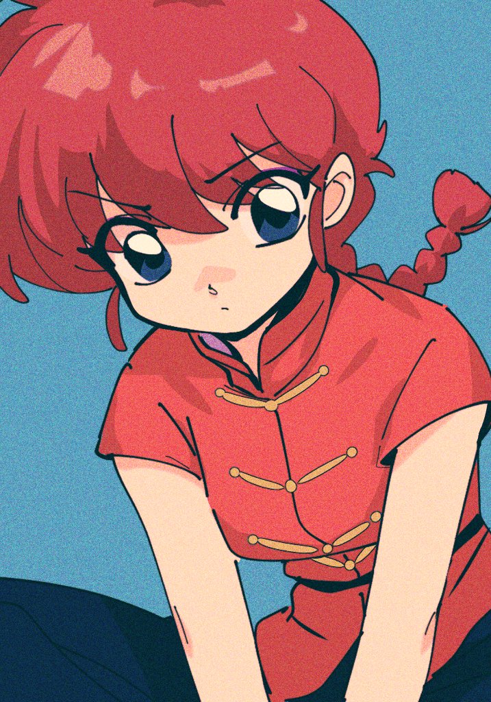 1girl blue_background blue_eyes blue_pants braid braided_ponytail breasts chinese_clothes closed_mouth film_grain hair_between_eyes nzeneee pants ranma-chan ranma_1/2 redhead shadow simple_background solo tangzhuang