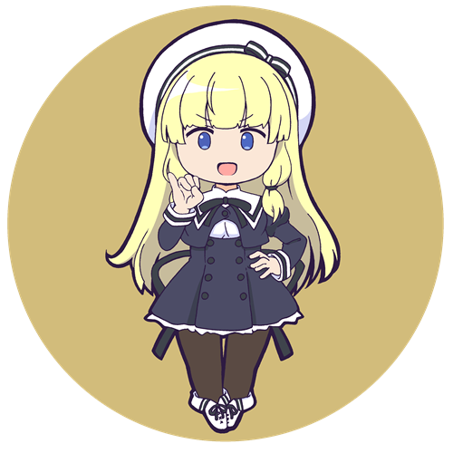 1girl :d assault_lily beret black_bow black_ribbon black_skirt blonde_hair blue_eyes blunt_bangs bow brown_pantyhose buttons chibi commentary_request cropped_jacket full_body hand_on_own_hip hand_up hat hat_bow high-waist_skirt juliet_sleeves long_hair long_sleeves looking_at_viewer lowres masaki_itsuki neck_ribbon open_mouth pantyhose pinky_out puffy_sleeves ribbon round_image school_uniform shirt shoes sidelocks simple_background skirt smile solo standing striped striped_bow tachihara_sayu transparent_background v-shaped_eyebrows very_long_hair white_footwear white_headwear white_shirt yellow_background yurigaoka_girls_academy_school_uniform