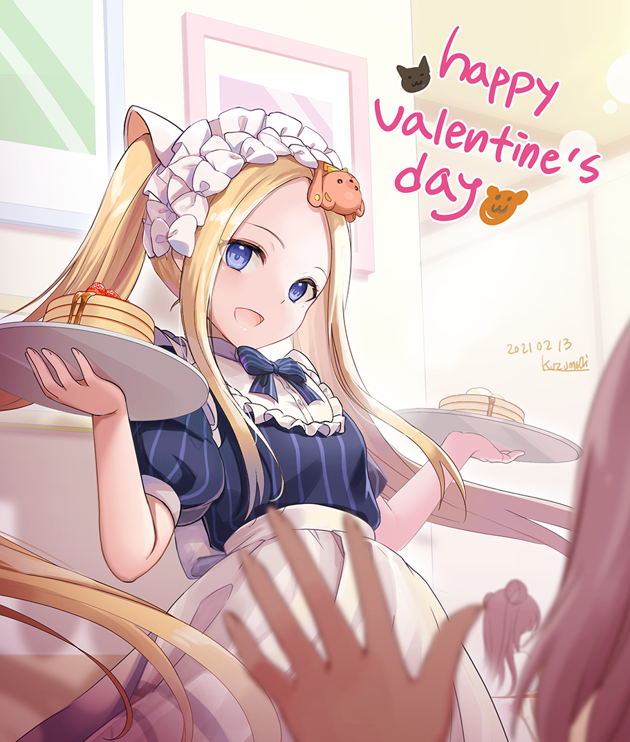 3girls :d abigail_williams_(cook_heart)_(fate) abigail_williams_(fate) apron blonde_hair blue_eyes blue_shirt breasts brown_hair commentary_request dated double_bun fate/grand_order fate_(series) food forehead frills fruit hair_bun happy_valentine holding holding_plate indoors kuzumochi_(kuzumochiya) long_hair multiple_girls pancake pancake_stack parted_bangs plate puffy_short_sleeves puffy_sleeves shirt short_sleeves signature small_breasts smile solo_focus strawberry striped striped_shirt stuffed_animal stuffed_toy teddy_bear twintails vertical-striped_shirt vertical_stripes very_long_hair waist_apron white_apron
