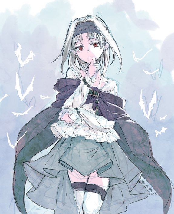 1girl bat_(animal) cape closed_mouth dress gensou_suikoden gensou_suikogaiden hairband jewelry long_hair long_sleeves looking_at_viewer red_eyes saneatsu sierra_mikain skirt solo thigh-highs white_hair