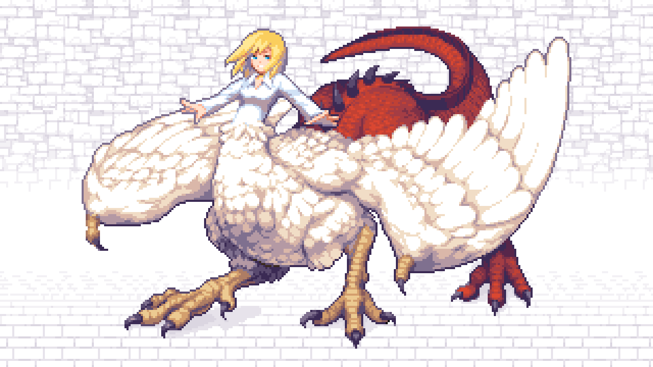 1girl blonde_hair blue_eyes breasts brick_floor brick_wall chimera claws collared_shirt commentary_request dragon_tail dungeon_meshi falin_thorden feathered_wings full_body long_sleeves medium_breasts medium_hair monster_girl pixel_art pixelflag shirt solo tail taur white_shirt white_wings wings