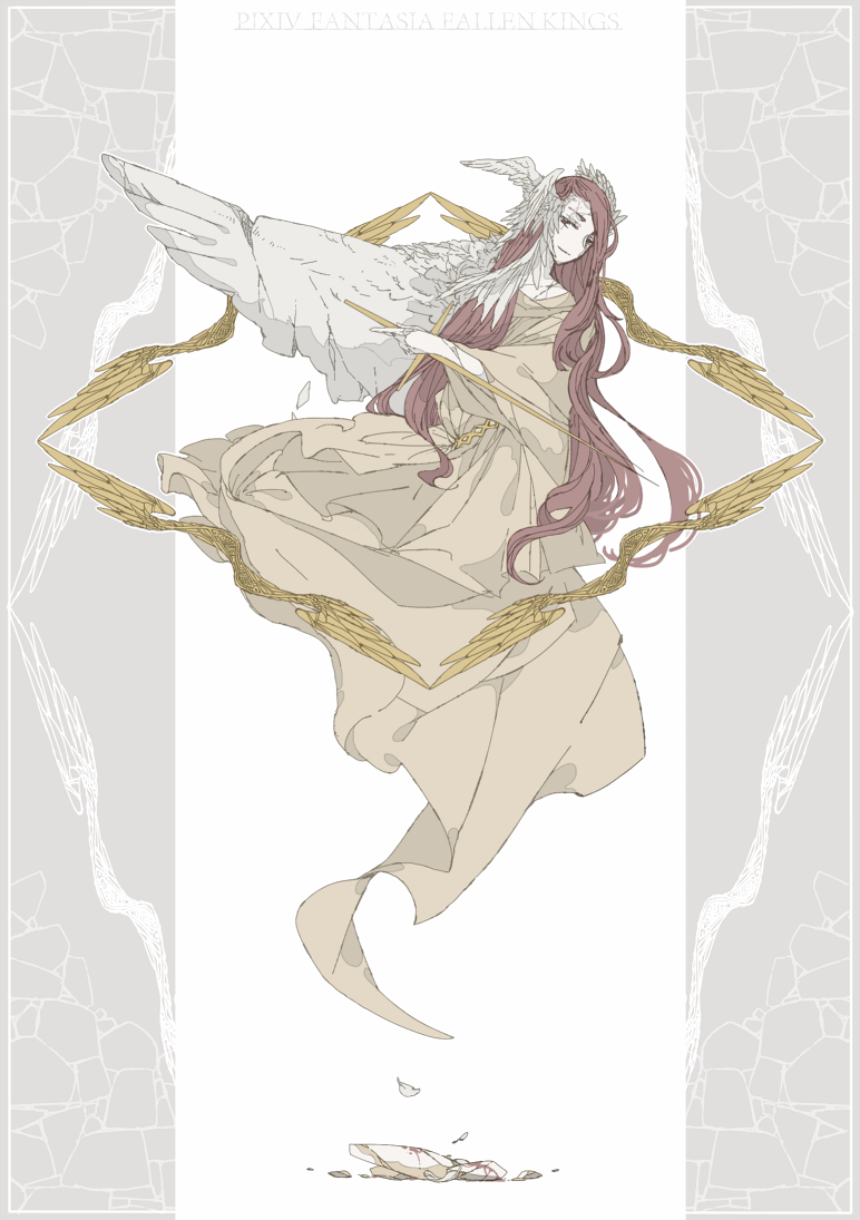 1girl animal_on_head bird bird_on_head brown_dress brown_eyes brown_hair copyright_name dress full_body long_hair looking_at_viewer on_head pixiv_fantasia pixiv_fantasia_fallen_kings qiong_(pixiv1812877) solo very_long_hair white_wings wide_sleeves wings