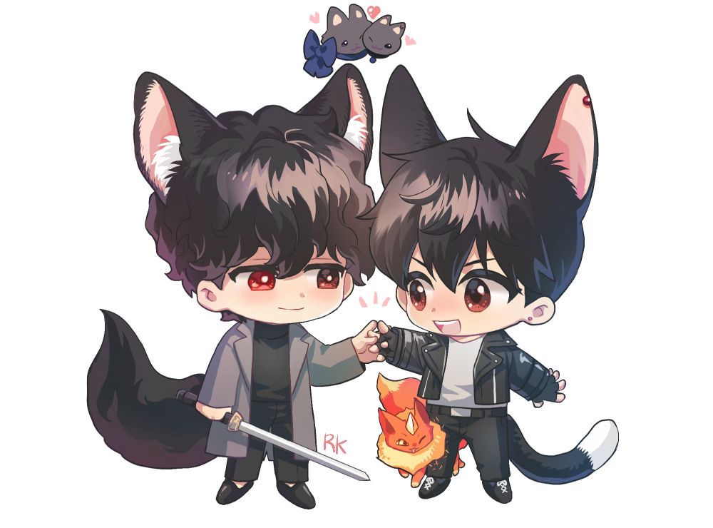 2boys animal_ears black_footwear black_gloves black_hair black_pants brothers cat_boy cat_ears cat_tail chibi closed_mouth commentary_request fingerless_gloves full_body gloves grey_jacket grey_shirt han_yoohyun han_yoojin holding holding_sword holding_weapon iooru03 jacket kemonomimi_mode korean_commentary long_sleeves looking_at_another male_focus manticore_(mythology) multiple_boys naega_kiun_s_geubdeul open_mouth pants peace_(naega_kiun_s_geubdeul) red_eyes shirt shoes short_hair siblings simple_background smile standing sword tail weapon white_background