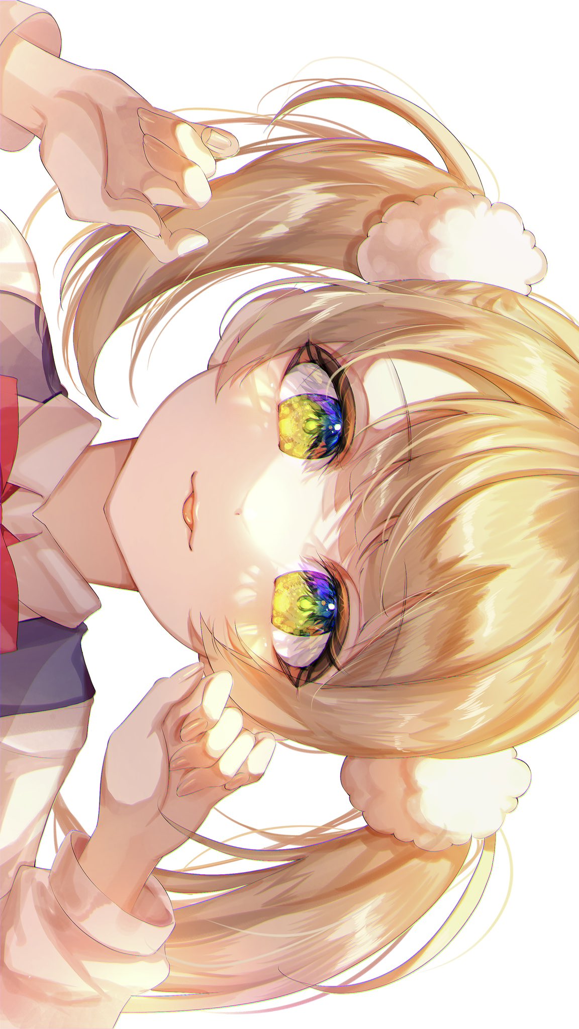 1girl blonde_hair bow bowtie close-up collared_shirt commentary gradient_eyes green_eyes hair_ornament hands_up highres indie_virtual_youtuber long_sleeves looking_at_viewer multicolored_eyes pinapo_25 pom_pom_(clothes) pom_pom_hair_ornament red_bow red_bowtie shigure_ui_(vtuber) shigure_ui_(young)_(vtuber) shirt shukusei!!_loli-gami_requiem sideways simple_background solo tongue tongue_out twintails upper_body virtual_youtuber white_background white_shirt