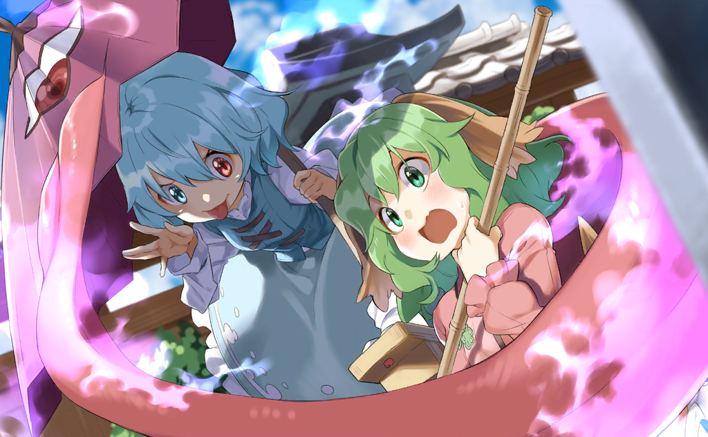 2girls animal_ears blue_eyes blue_hair blue_skirt blue_sky blue_vest broom bush clouds collared_shirt cross-laced_vest day dog_ears dress dutch_angle fire floppy_ears frilled_shirt_collar frilled_skirt frilled_sleeves frills game_cg green_eyes green_hair heterochromia holding holding_broom holding_umbrella juliet_sleeves kasodani_kyouko leaning_forward light_blush long_sleeves long_tongue looking_at_another medium_hair multiple_girls myouren_temple official_art open_mouth outdoors pink_dress puffy_sleeves purple_fire red_eyes scared shadow shirt short_hair skirt skirt_set sky tatara_kogasa tongue touhou touhou_cannonball umbrella v-shaped_eyebrows vest wavy_mouth white_shirt yuuzii