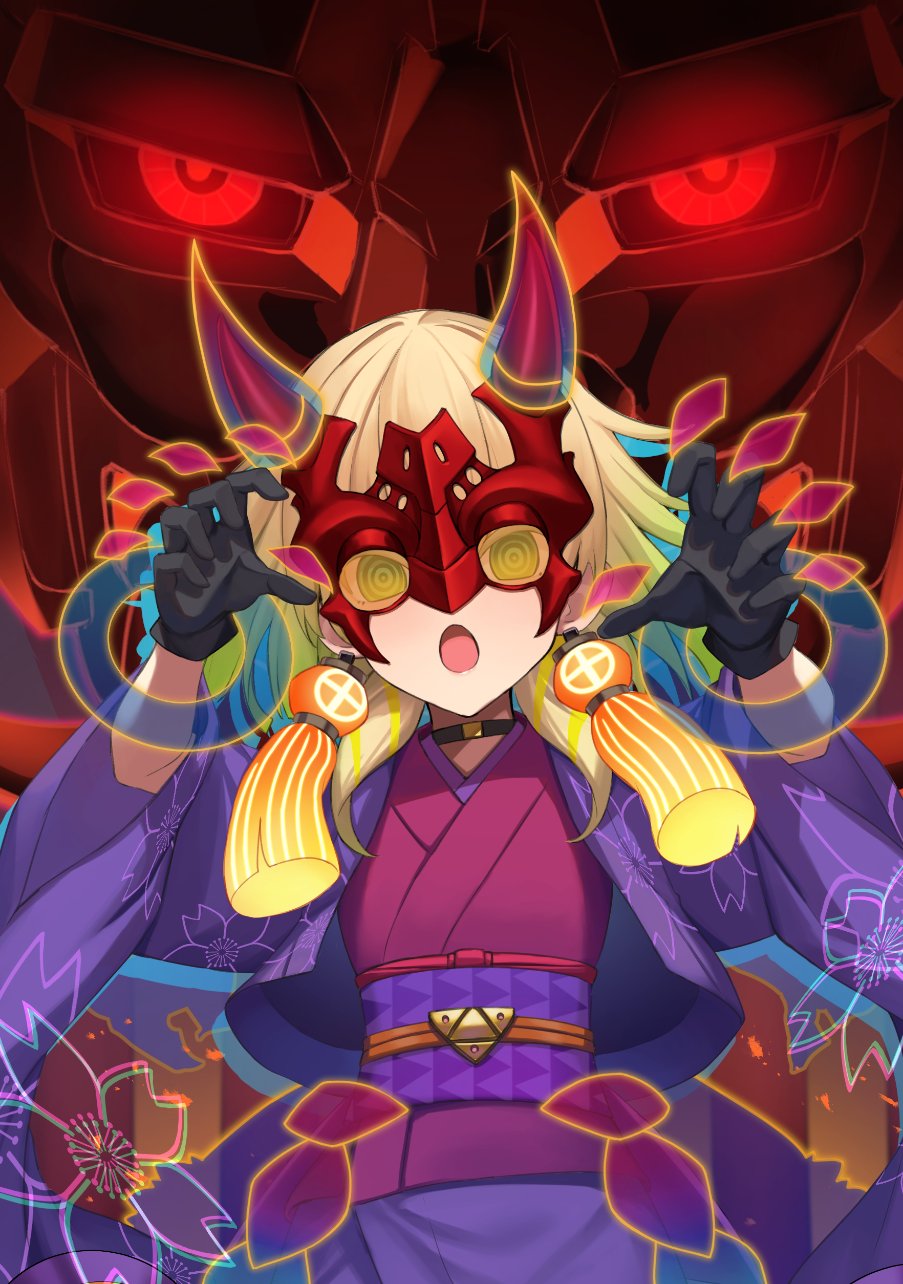 1girl @_@ agibe blonde_hair blue_hair choker claw_pose duel_monster flower gradient_hair green_eyes hands_up highres jacket japanese_clothes kimono long_sleeves mask medium_hair multicolored_hair noh-p.u.n.k._ogre_dance obi open_clothes open_jacket open_mouth sash solo tinted_eyewear wide_sleeves yellow-tinted_eyewear yu-gi-oh!