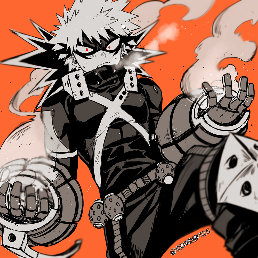 1boy bakugou_katsuki belt blurry boku_no_hero_academia breath buckle commentary depth_of_field explosive eye_mask foreshortening gloves grenade greyscale_with_colored_background hands_up high_collar knee_pads looking_at_viewer lowah male_focus open_mouth orange_background pants red_eyes sanpaku short_hair simple_background single_horizontal_stripe smoke snap-fit_buckle solo spiky_hair spot_color sweat toned toned_male twitter_username upper_body x