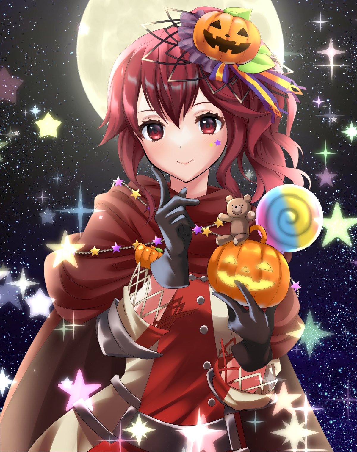1girl anna_(fire_emblem) anna_(fire_emblem)_(cosplay) black_gloves cape cosplay finger_to_cheek fire_emblem fire_emblem_awakening fire_emblem_engage fire_emblem_heroes food-themed_hair_ornament full_moon gloves hair_ornament highres jack-o'-lantern jack-o'-lantern_ornament kakiko210 looking_at_viewer moon night official_alternate_costume official_art ponytail pump pumpkin_hair_ornament red_cape red_eyes redhead smile star_(sky) star_sticker sticker_on_face