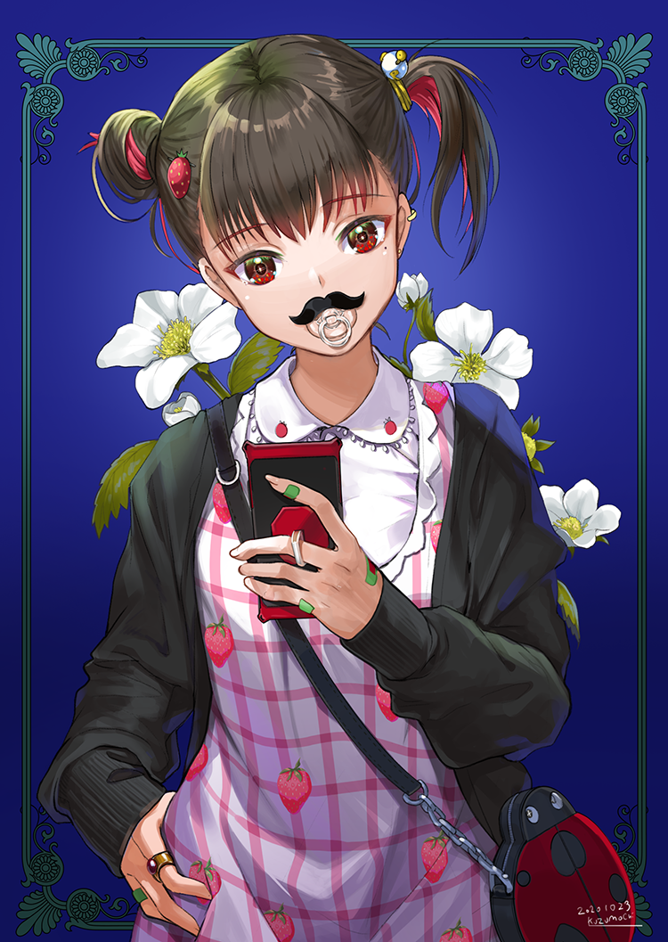 1girl animal_bag apron bag bandaid bandaid_on_hand black_hair black_jacket blue_background cellphone collared_shirt commentary_request dated ear_piercing earrings fake_facial_hair fake_mustache flower food food_print fruit hair_bun hand_on_own_hip head_tilt holding holding_phone jacket jewelry kuzumochi_(kuzumochiya) mole mole_under_mouth multicolored_hair open_clothes open_jacket original pacifier phone piercing print_apron red_eyes redhead shirt shoulder_bag side_ponytail signature single_side_bun solo strawberry strawberry_print stud_earrings two-tone_hair upper_body white_apron white_flower white_shirt