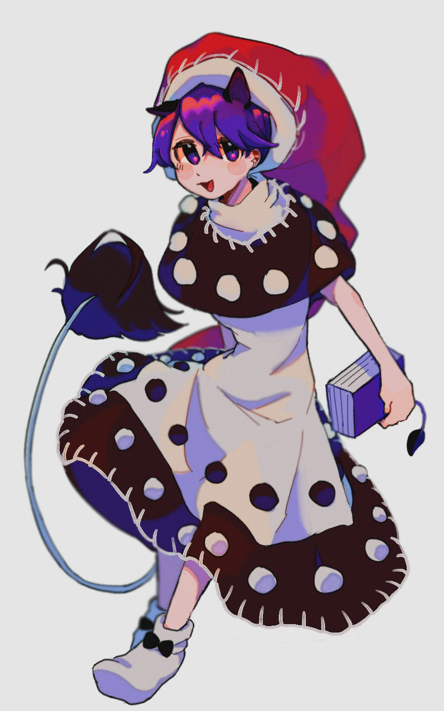 1girl animal_ears black_dress book doremy_sweet dress full_body grey_background hair_between_eyes hat highres holding holding_book large_hat leaning_forward looking_at_viewer minamia23 multicolored_clothes multicolored_dress nightcap open_mouth pom_pom_(clothes) purple_hair red_headwear short_hair simple_background smile solo standing tail tapir_ears tapir_girl tapir_tail touhou violet_eyes white_dress