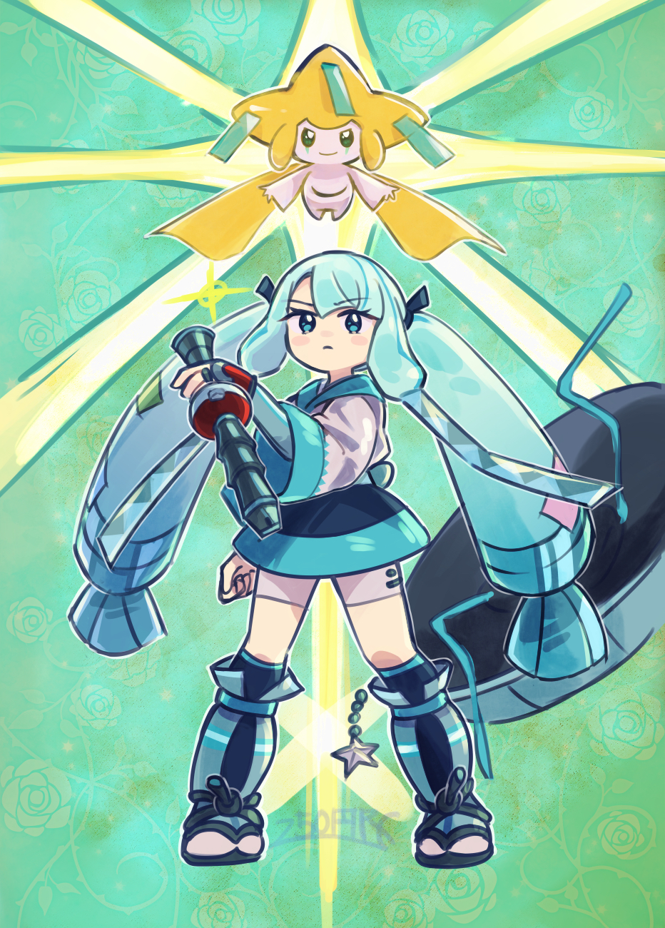 1girl 250en_remon aqua_eyes black_skirt blush_stickers clenched_hand closed_mouth commentary_request eyelashes green_background green_hair hair_ribbon hatsune_miku highres holding holding_instrument instrument jacket jirachi legs_apart long_hair looking_at_viewer pokemon pokemon_(creature) project_voltage ribbon shirt shorts skirt standing steel_miku_(project_voltage) twintails vocaloid