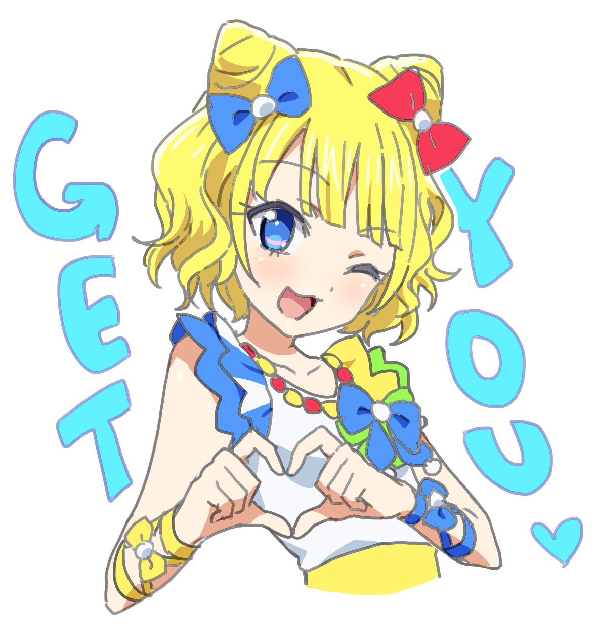 1girl :3 ;d blonde_hair blue_bow blue_eyes blush bow commentary cone_hair_bun curly_hair dolldolldd double_bun hair_bow hair_bun heart heart_hands highres looking_at_viewer minami_mirei one_eye_closed open_mouth pretty_(series) pripara red_bow short_hair simple_background sleeveless smile solo symbol-only_commentary upper_body white_background