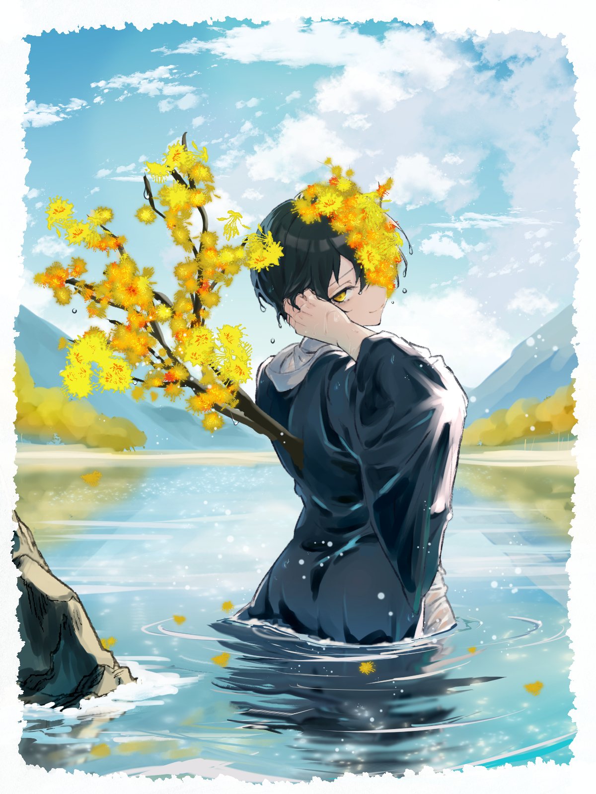 black_hair blue_sky branch clouds cowboy_shot flower flower_over_eye from_behind hair_flower hair_ornament highres limbus_company looking_at_viewer looking_back one_eye_covered outdoors project_moon river short_hair sky smile tree y0ru73 yellow_eyes yi_sang_(limbus_company)