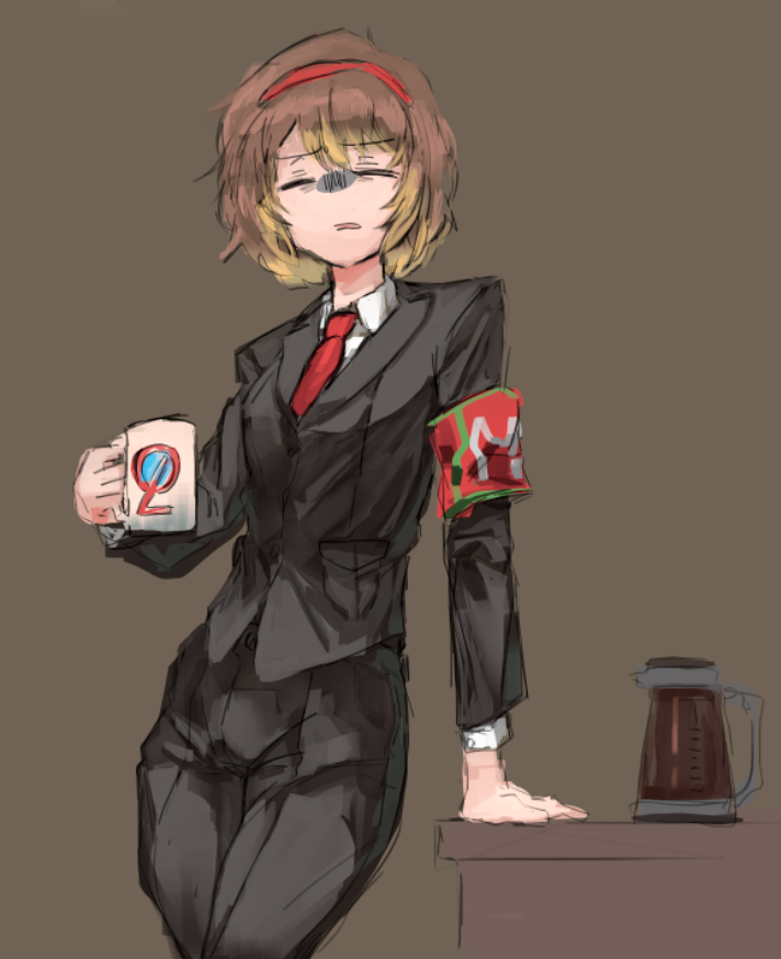 1girl armband black_background black_jacket black_pants brown_hair closed_eyes coffee_mug coffee_pot collared_shirt cup hairband jacket lobotomy_corporation long_sleeves malkuth_(project_moon) mug necktie open_mouth pants project_moon red_armband red_hairband red_necktie schtiglez shirt short_hair simple_background solo white_shirt wing_collar