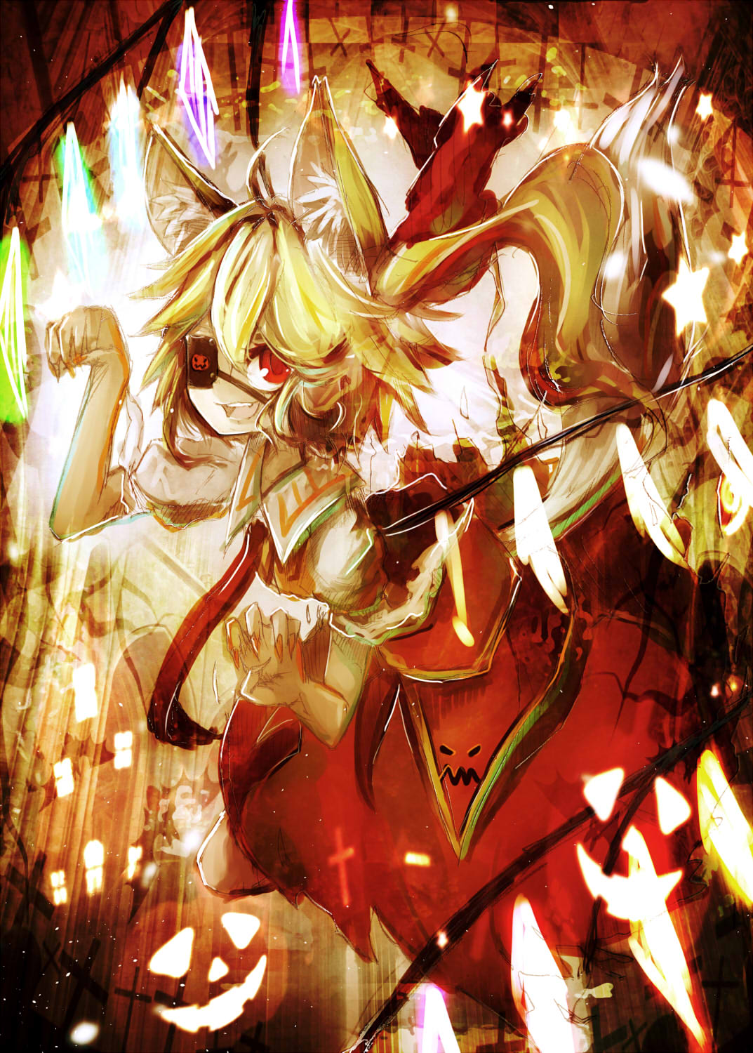 1girl animal_ears blonde_hair denpa_rasaito eyepatch fingernails flandre_scarlet from_side glowing glowing_wings hair_between_eyes highres leaning_forward long_hair looking_at_viewer multicolored_wings nail_polish no_headwear one_side_up orange_nails orange_theme paw_pose puffy_short_sleeves puffy_sleeves pumpkin red_eyes red_skirt red_vest sharp_fingernails shirt short_sleeves skirt solo touhou vest white_shirt wings