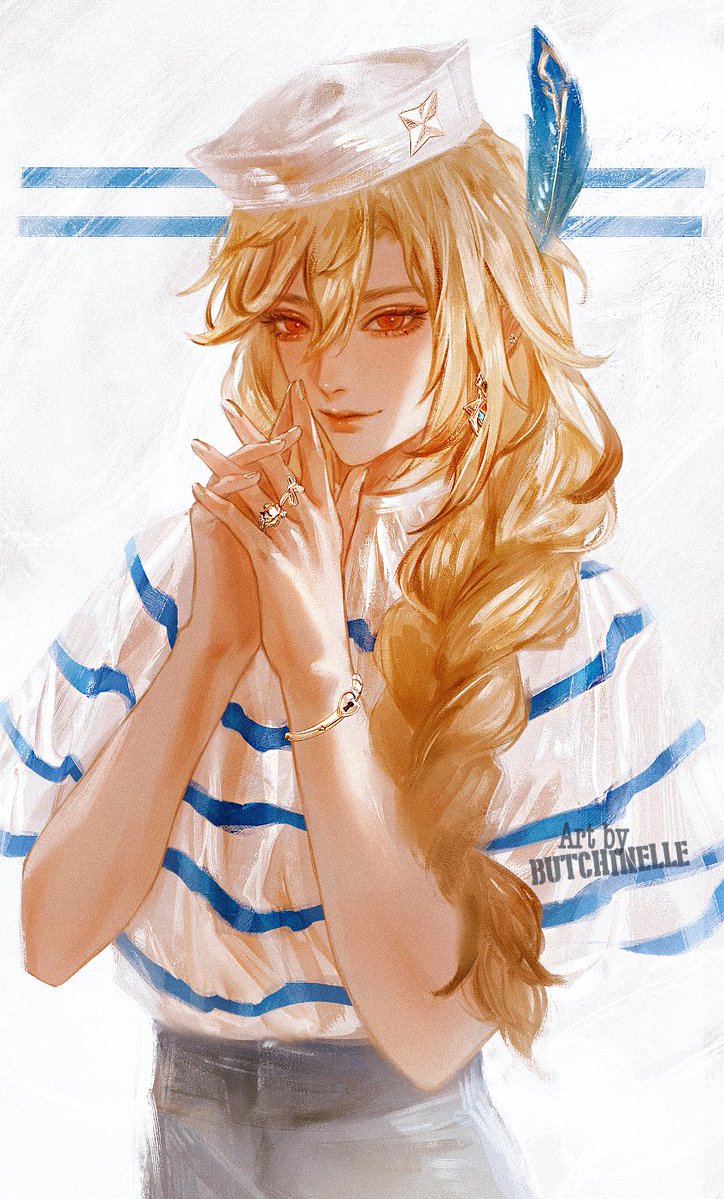 1boy bishounen blonde_hair blue_background bracelet braid butchinelle cowboy_shot earrings eyelashes feather_hair_ornament feathers fingernails genshin_impact hair_between_eyes hair_ornament hands_up hat jean_paul_gaultier_(brand) jewelry kaveh_(genshin_impact) long_braid long_hair looking_at_viewer male_focus multiple_rings red_eyes ring shirt simple_background single_braid smile solo striped striped_background striped_shirt two-tone_background watermark white_background white_headwear white_shirt