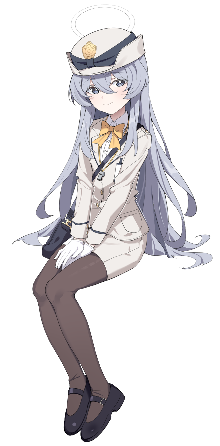 1girl black_footwear black_thighhighs blue_archive closed_mouth collared_shirt extra gloves grey_eyes grey_hair hair_between_eyes halo hat highres long_hair long_sleeves looking_at_viewer shirt shoes simple_background solo tamago_(eva1314056) thigh-highs white_background white_gloves white_headwear white_shirt