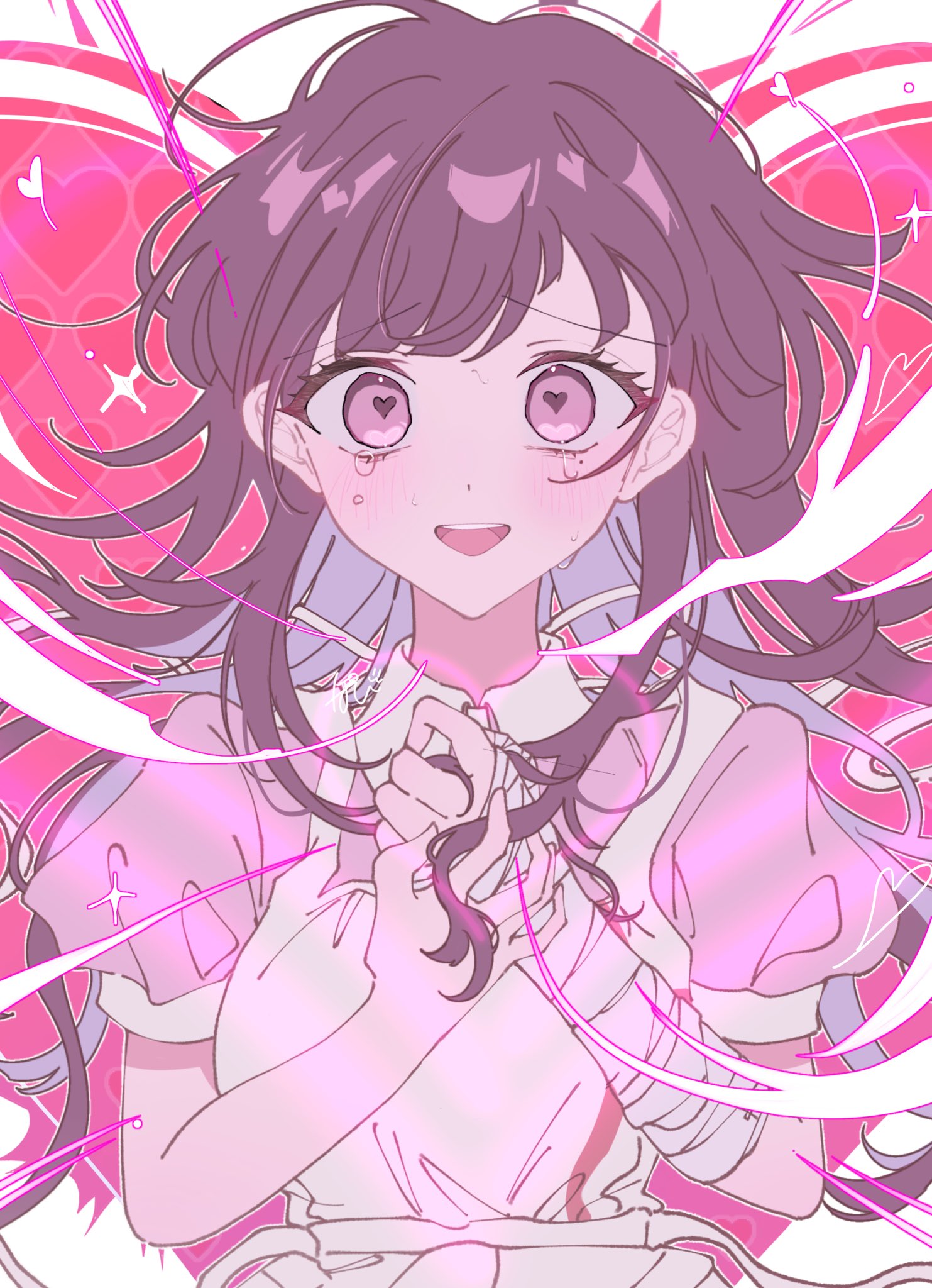 1girl :d apron bandaged_arm bandages black_hair breasts collared_shirt danganronpa_(series) danganronpa_2:_goodbye_despair heart heart-shaped_pupils highres large_breasts long_hair open_mouth own_hands_together pink_eyes pink_shirt pote_(pote_39) puffy_short_sleeves puffy_sleeves red_background shirt short_sleeves smile solo symbol-shaped_pupils teeth tsumiki_mikan upper_teeth_only white_apron