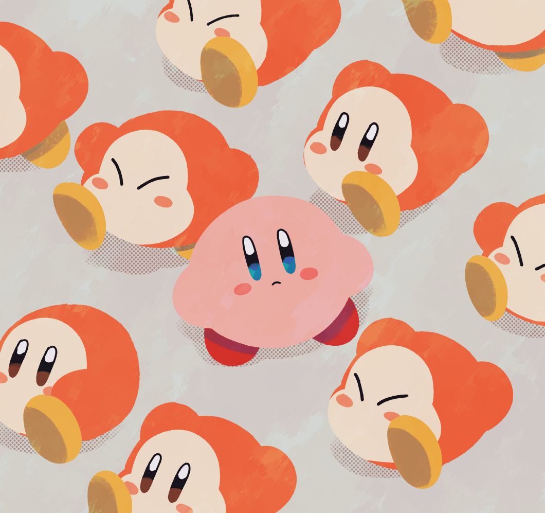 blush_stickers closed_eyes colored_skin commentary_request grey_background kirby kirby_(series) looking_at_viewer ni_re no_humans odd_one_out pink_skin sitting solid_oval_eyes waddle_dee
