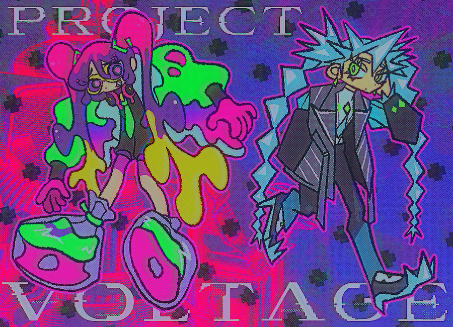 2girls black_footwear black_jumpsuit blonde_hair blue_hair closed_mouth coat copyright_name earrings full_body gloves green_eyes green_sleeves grey_jacket grey_pants grin hair_between_eyes hand_up hatsune_miku ice_miku_(project_voltage) jacket jewelry jumpsuit long_hair long_sleeves looking_at_viewer multicolored_coat multicolored_hair multiple_girls open_clothes open_coat pants pink_gloves pink_hair platform_footwear poison_miku_(project_voltage) pokemon project_voltage puffy_long_sleeves puffy_sleeves purple_hair shirt shoes short_jumpsuit smile spiky_hair standing tnup twintails very_long_hair vocaloid white_shirt