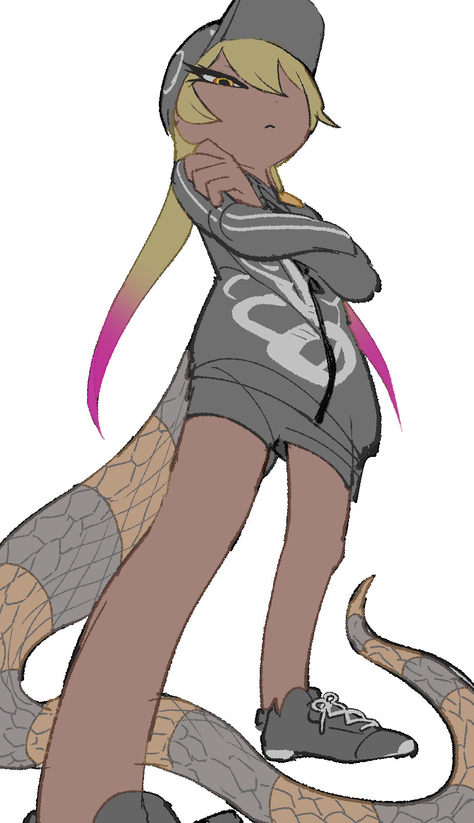 1girl bare_legs baseball_bat black_footwear black_shorts blonde_hair cardigan closed_mouth crossed_arms dark-skinned_female dark_skin eyelashes flat_color from_below half-closed_eye highres igarashi_(nogiheta) kemono_friends kemono_friends_3 king_cobra_(kemono_friends) long_hair long_sleeves long_tail looking_at_viewer multicolored_eyes multicolored_hair official_alternate_costume pink_hair red_eyes shoes short_shorts shorts simple_background snake_tail solo standing standing_on_one_leg tail tomboy twintails two-tone_hair white_background yellow_eyes zipperface