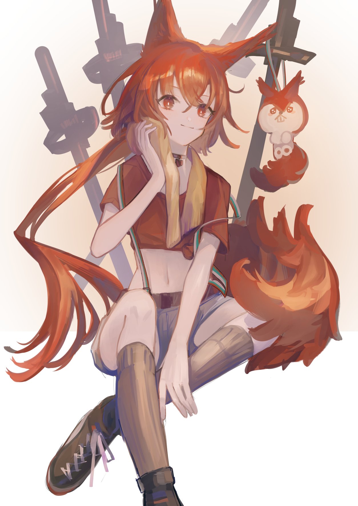 1girl animal_ears arknights black_choker black_footwear brown_socks choker commentary crop_top crossed_bangs crossed_legs flametail_(arknights) flametail_(sport_for_all)_(arknights) foot_out_of_frame gradient_background grey_shorts hand_up hemorina highres kneehighs long_hair looking_at_viewer multiple_swords planted planted_sword red_eyes red_shirt redhead shirt shoes shorts smile sneakers socks solo squirrel_ears squirrel_girl squirrel_tail stuffed_squirrel suspender_shorts suspenders sword tail tied_shirt towel towel_around_neck very_long_hair weapon white_background wiping_face yellow_background