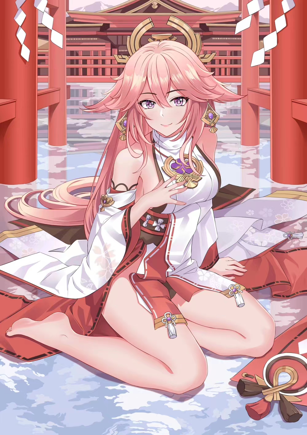 1girl animal_ears architecture bare_shoulders barefoot blush breasts closed_mouth detached_sleeves earrings east_asian_architecture feng_shao_kky_(arj0522) floppy_ears floral_print fox_ears genshin_impact highres japanese_clothes jewelry long_hair looking_at_viewer medium_breasts nontraditional_miko pink_hair reflective_floor shide shrine sideboob sitting smile solo thighs tomoe_(symbol) torii very_long_hair violet_eyes wide_sleeves yae_miko yokozuwari