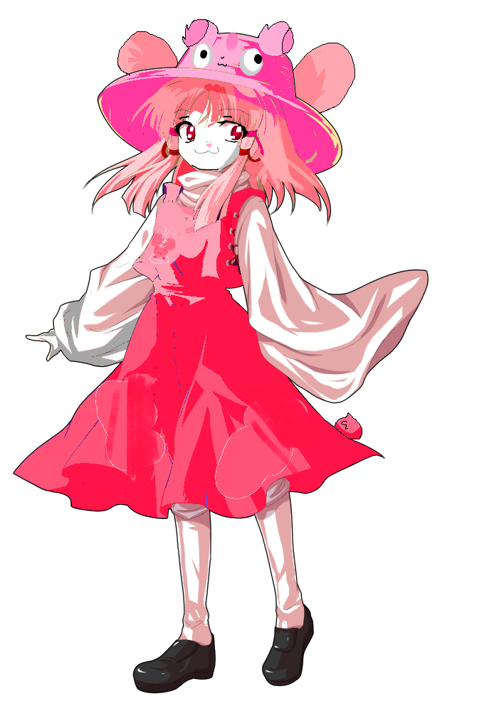 1girl :3 alphes_(style) bangs black_shoes capybara capybara_ears colored_eyelashes eyebrows_visible_through_hair eyelashes_visible_through_hair eyes_visible_through_hair full_body guinea_pig guinea_pig_ears hamster hat long_hair long_skirt moriya_suwako pink_eyes pink_hair pink_hat pink_shirt pink_skirt pink_vest red_eyes rodent rodent_girl shoes small_breasts solo tareme thighhighs touhou very_long_sleeves vest white_background white_shirt white_skin white_sleeves white_thighhighs