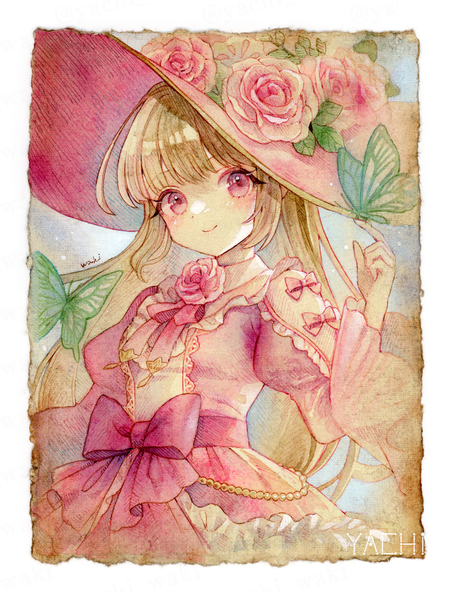 1girl blonde_hair border bow bug butterfly butterfly_on_hand choppy_bangs collared_dress cowboy_shot dress flower flower_brooch frilled_dress frills gem green_butterfly hat hat_flower juliet_sleeves light_blush long_hair long_sleeves neck_ribbon original painting_(medium) pearl_(gemstone) pink_bow pink_dress pink_eyes pink_flower pink_headwear pink_ribbon pink_rose puffy_sleeves ribbon rose smile solo traditional_media waist_bow watercolor_(medium) white_border wide_sleeves witch witch_hat yachi_waki