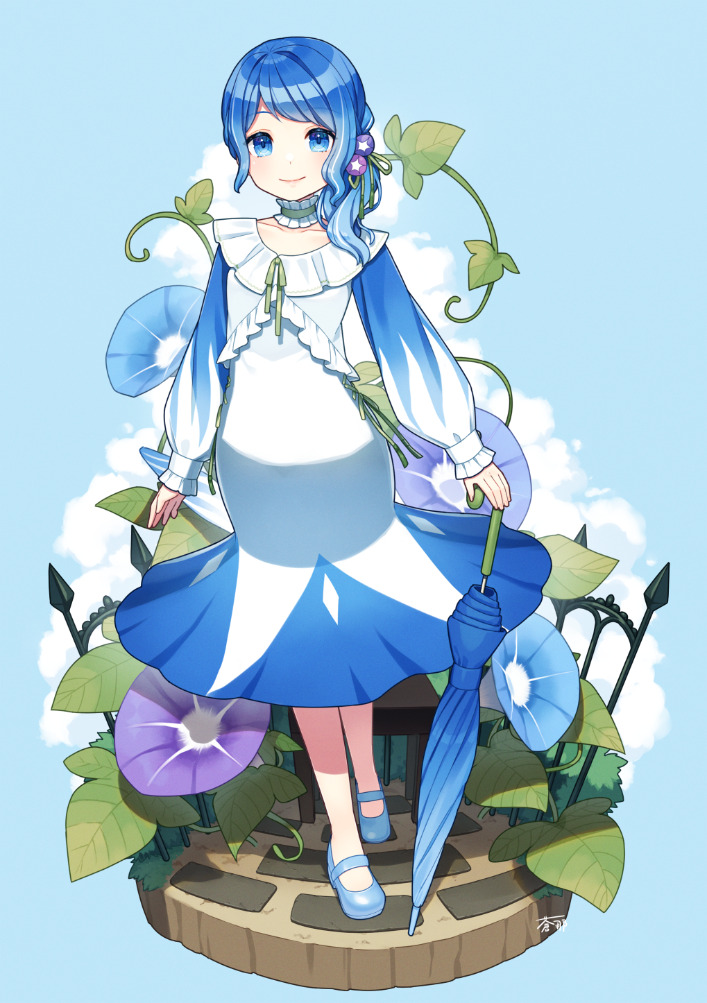 1girl aona_(noraneko) blue_background blue_dress blue_eyes blue_flower blue_footwear blue_hair blue_umbrella choker closed_umbrella clouds dress faux_figurine fence floral_dress flower frilled_choker frilled_dress frills full_body green_ribbon hair_flower hair_ornament hair_over_shoulder highres hobble_dress holding holding_umbrella leaf long_sleeves looking_at_viewer low_ponytail mary_janes morning_glory original pavement personification plant purple_flower ribbon shoes simple_background solo standing star_(symbol) star_choker swept_bangs two-tone_dress umbrella vines white_dress