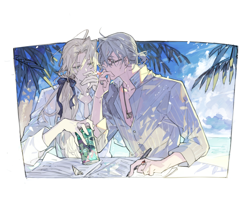 2boys alternate_costume alternate_hairstyle antonio_salieri_(fate) antonio_salieri_(second_ascension)_(fate) asymmetrical_bangs bespectacled between_fingers black_ribbon blonde_hair blue_eyes border can cigarette cigarette_kiss clouds dappled_sunlight day fate/grand_order fate_(series) glasses grey_hair hair_between_eyes hair_intakes hair_ribbon holding holding_can holding_cigarette holding_pen jewelry long_hair low_ponytail male_focus multiple_boys necklace nib_pen_(object) ocean open_collar outside_border palm_tree paper pen pinstripe_pattern pinstripe_shirt reading red_eyes ribbon ring ring_necklace seashell shell shirt short_hair smoking soda_can starshadowmagician striped striped_shirt sunlight table tree upper_body vertical-striped_shirt vertical_stripes white_border white_shirt wolfgang_amadeus_mozart_(fate)