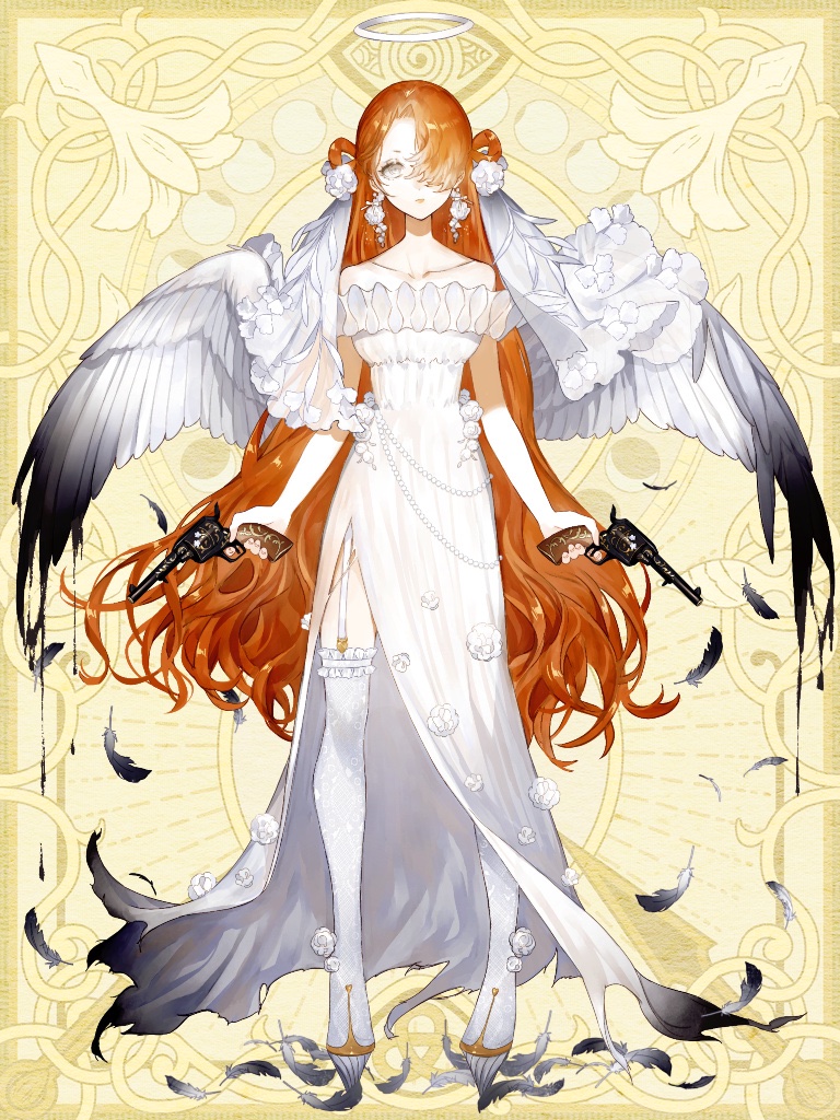 1girl angel angel_wings black_wings boots chain_paradox closed_mouth dress dress_flower dual_wielding earrings expressionless feathers flower flower_earrings full_body garter_straps gradient_dress gradient_wings gun hair_over_one_eye hair_rings halo holding holding_gun holding_weapon jewelry kao_o0 liquid long_hair looking_at_viewer multicolored_wings off-shoulder_dress off_shoulder orange_hair platform_boots platform_footwear revolver short_sleeves side_slit solo standing straight-on thigh_boots torn_clothes torn_dress veil very_long_hair wavy_hair weapon white_eyes white_flower white_footwear white_veil white_wings wings yellow_background