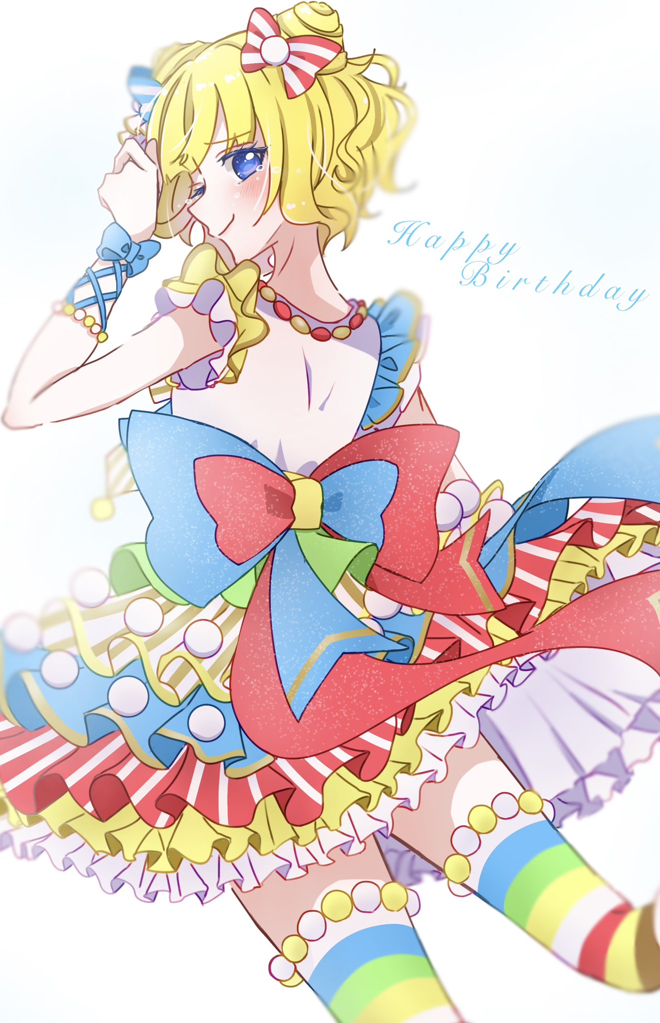 1girl blonde_hair blue_bow blue_eyes blunt_bangs bow cone_hair_bun curly_hair dareka_alicia double_bun dress frilled_dress frills from_behind hair_bow hair_bun hand_up happy_birthday highres idol_clothes layered_skirt looking_at_viewer looking_back minami_mirei multicolored_clothes multicolored_dress one_eye_closed pretty_(series) pripara red_bow short_dress short_hair skirt smile solo standing striped striped_thighhighs thigh-highs white_background