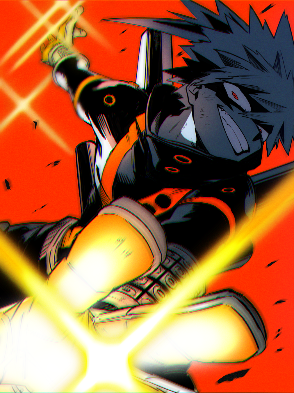 1boy bakugou_katsuki blurry blurry_background blurry_foreground boku_no_hero_academia chromatic_aberration commentary_request crazy_eyes depth_of_field diffraction_spikes eye_mask film_grain foreshortening gloves glowing grin hands_up head_tilt headgear high_collar highres imminent_explosion incoming_attack limited_palette looking_at_viewer looking_to_the_side male_focus matsuya_(pile) midair neon_trim open_hands orange_gloves outstretched_arms outstretched_hand partial_commentary reaching reaching_towards_viewer red_background red_eyes sanpaku scratches short_hair single_horizontal_stripe smile solo spiky_hair turning_head upper_body wrist_guards