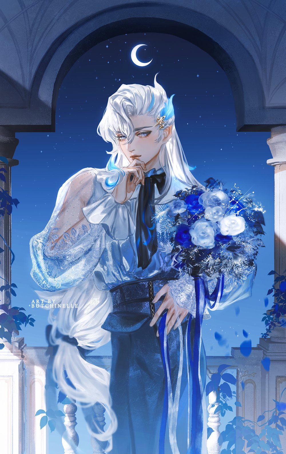 1boy architecture blue_eyes blue_flower blue_hair blue_pants blue_ribbon blue_rose bouquet bow brooch butchinelle crescent cropped_legs eyelashes eyeshadow feather_hair_ornament feathers flower frilled_sleeves frills genshin_impact hair_between_eyes hair_ornament hand_on_own_chin highres holding holding_bouquet jewelry lace lace_trim leaf long_hair long_sleeves looking_at_viewer low-tied_long_hair makeup male_focus moon multicolored_hair neuvillette_(genshin_impact) night night_sky pants parted_bangs plant pointy_ears puffy_long_sleeves puffy_sleeves ribbon rose see-through see-through_sleeves sidelocks sky solo standing star_(sky) streaked_hair very_long_hair watermark white_flower white_hair white_rose
