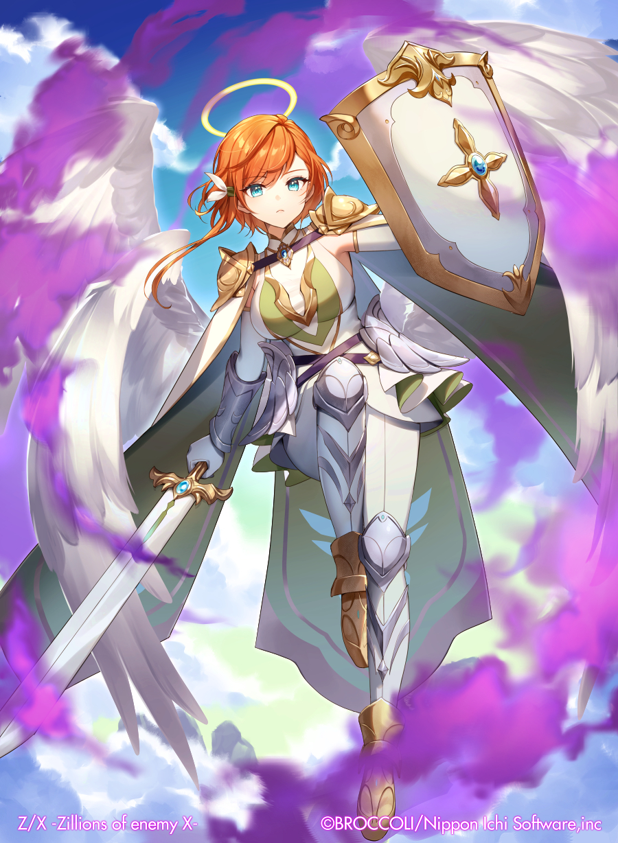 1girl angel angel_wings armor armored_boots aura blue_eyes boots breasts cape closed_mouth clouds copyright copyright_name day elbow_gloves faulds flying full_body gloves green_cape hair_ornament hairclip halo highres holding holding_shield holding_sword holding_weapon large_breasts leg_up looking_at_viewer momoshiki_tsubaki multiple_wings official_art orange_hair pants serious shield shirt short_hair shoulder_armor single_sidelock sleeveless sleeveless_shirt solo swept_bangs sword two-sided_cape two-sided_fabric vambraces weapon white_cape white_gloves white_pants white_shirt white_wings wings z/x