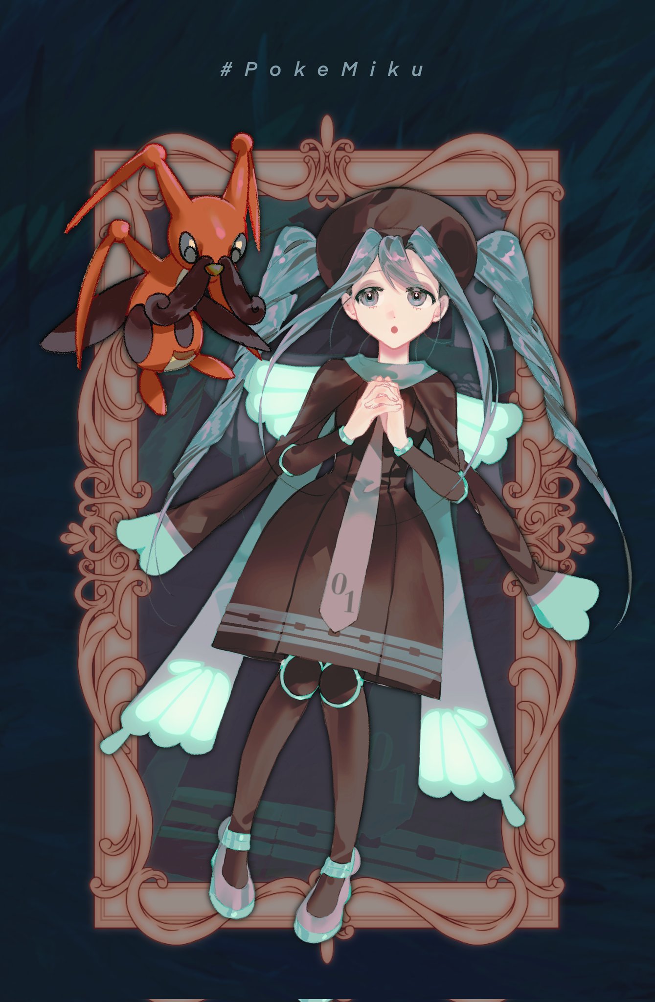 1girl :o blue_eyes blue_hair blue_wings brown_dress brown_headwear brown_necktie brown_pantyhose bug_miku_(project_voltage) character_name corrupted_twitter_file dress eyeshadow fake_wings full_body grey_eyeshadow grey_footwear hair_through_headwear hands_up hatsune_miku highres jun9_(junqqqqqq) kricketune long_hair long_sleeves looking_at_another makeup necktie open_mouth own_hands_clasped own_hands_together pantyhose picture_frame pokemon pokemon_(creature) project_voltage shoes twintails very_long_hair vocaloid wings