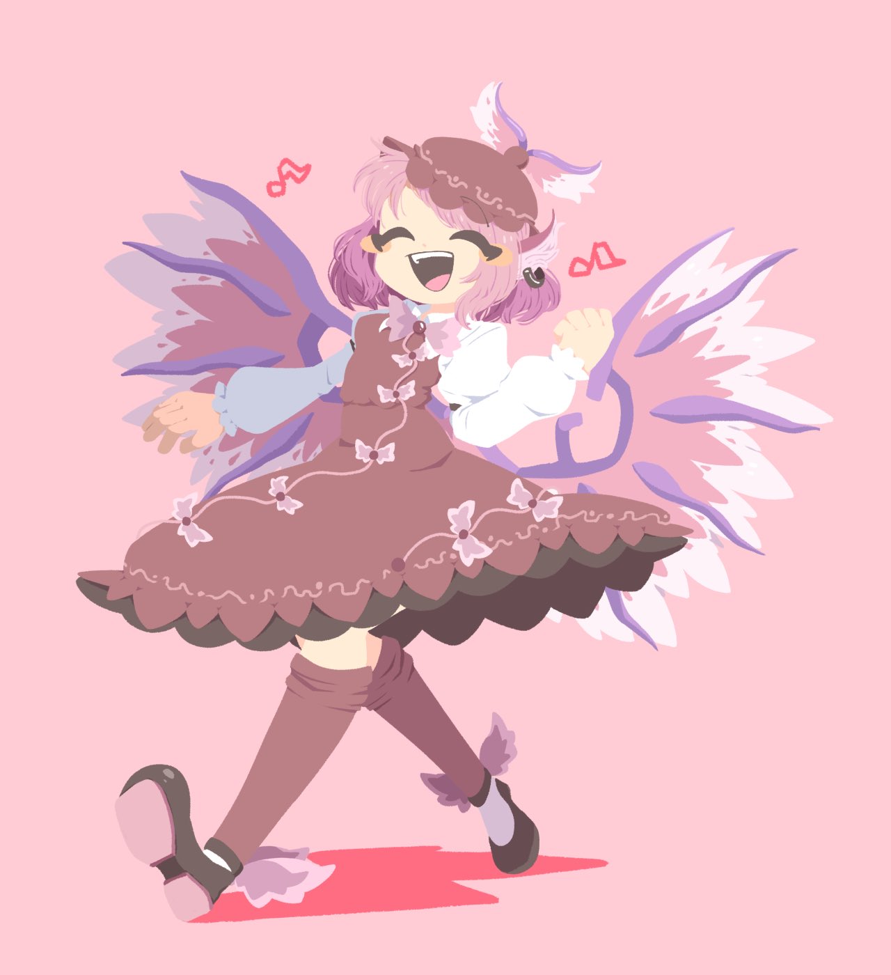 1girl animal_ears bird_ears bird_wings black_footwear brown_dress brown_headwear brown_socks closed_eyes collared_shirt dress earrings eighth_note frilled_sleeves frills hat highres jewelry long_sleeves music musical_note mystia_lorelei open_mouth pink_background pink_hair pink_wings shinsei_tomato shirt shoes short_hair simple_background singing single_earring smile socks solo touhou white_shirt winged_hat wings