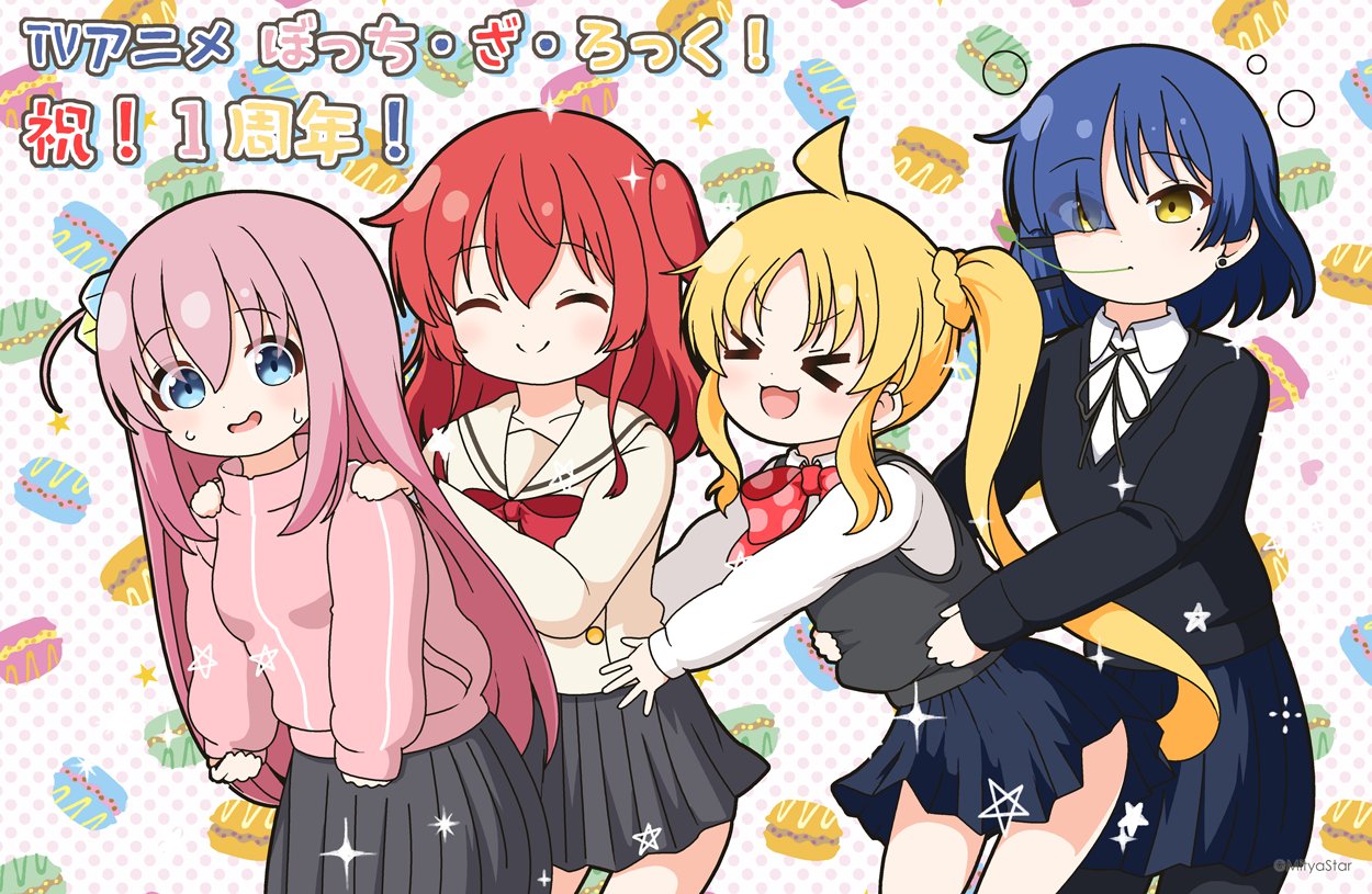 &gt;_&lt; 4girls :d ^_^ black_pantyhose black_ribbon black_sweater blonde_hair blue_hair blue_skirt blush bocchi_the_rock! bow closed_eyes closed_mouth collared_shirt commentary_request earrings eyes_visible_through_hair gotoh_hitori grey_skirt hair_over_one_eye hands_on_another's_shoulders hands_on_another's_waist ijichi_nijika jacket jewelry kita_ikuyo long_sleeves mitya mole mole_under_eye multiple_girls neck_ribbon nervous_smile one_side_up pantyhose parted_bangs pink_hair pink_jacket pleated_skirt polka_dot polka_dot_background polka_dot_bow puffy_long_sleeves puffy_sleeves red_bow redhead ribbon sailor_collar school_uniform serafuku shirt side_ponytail skirt sleeves_past_wrists smile sparkle stud_earrings sweat sweater sweater_vest track_jacket translation_request twitter_username white_background white_sailor_collar white_shirt xd yamada_ryo yellow_eyes