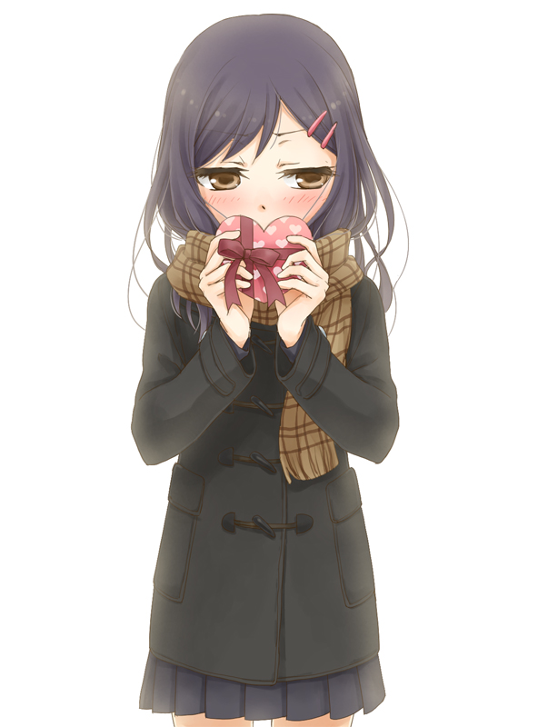 1girl black_hair blush box brown_eyes coat commentary_request covering_mouth cowboy_shot duffel_coat embarrassed enpera gift half-closed_eyes heart-shaped_box holding holding_gift ibuki_ena long_hair long_sleeves looking_to_the_side original partial_commentary plaid plaid_scarf pleated_skirt scarf skirt solo straight-on valentine