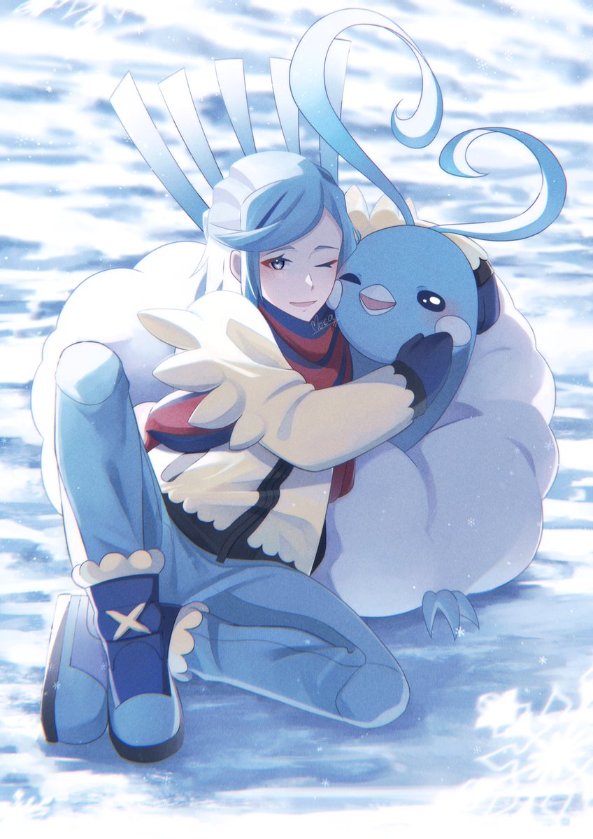 1boy affectionate altaria blue_footwear blue_hair blue_mittens blue_scarf blush boots commentary_request day eyelashes grusha_(pokemon) jacket leaning long_sleeves male_focus mocacoffee_1001 one_eye_closed open_mouth outdoors pants pokemon pokemon_(creature) pokemon_(game) pokemon_sv scarf signature smile snow spread_legs striped striped_scarf yellow_jacket