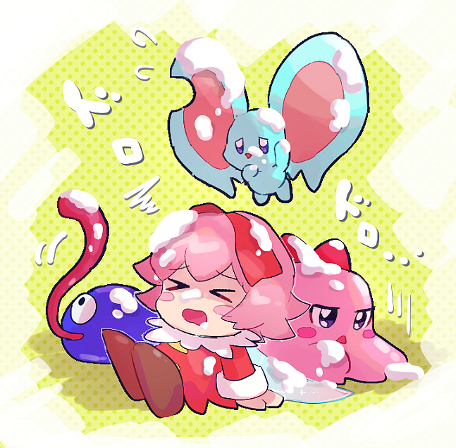 &gt;_&lt; 2girls animal_ears blue_skin blush_stickers chiimako chuchu_(kirby) closed_eyes colored_skin cream cream_on_face elfilin fairy fairy_wings food food_on_face gooey_(kirby) kirby's_dream_buffet kirby_(series) mouse_ears multiple_girls notched_ear open_mouth pink_hair pink_skin red_ribbon ribbon ribbon_(kirby) sitting tongue tongue_out wings