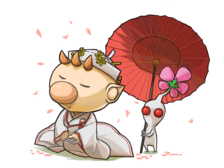 1boy alien alternate_costume big_nose brown_hair closed_mouth coat colored_skin commentary_request falling_petals flower hand_fan hat hat_flower headwear_request holding holding_fan holding_umbrella japanese_clothes kneeling long_sleeves male_focus naru_(wish_field) no_mouth oil-paper_umbrella olimar petals pikmin_(creature) pikmin_(series) pink_flower pointy_ears red_eyes red_trim shadow short_hair solid_circle_eyes umbrella very_short_hair white_background white_coat white_headwear white_pikmin white_skin white_sleeves wide_sleeves yellow_flower