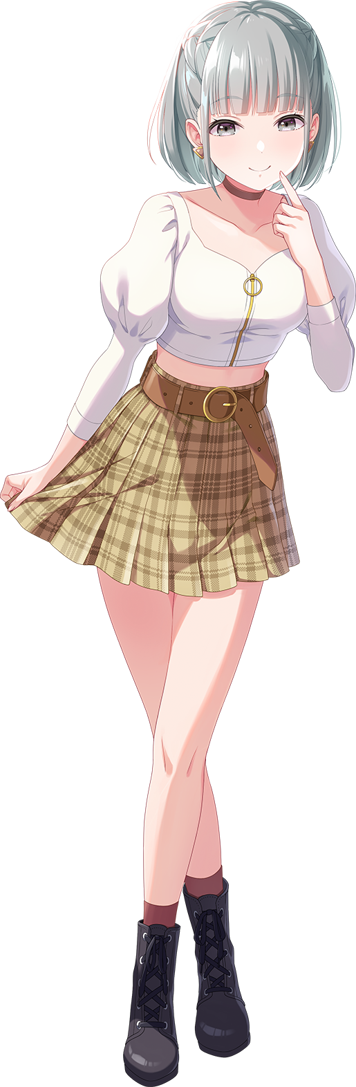 1girl black_footwear boots checkered_clothes checkered_skirt grey_hair highres idoly_pride kana_(idoly_pride) looking_at_viewer qp:flapper short_hair skirt smile transparent_background white_sleeves