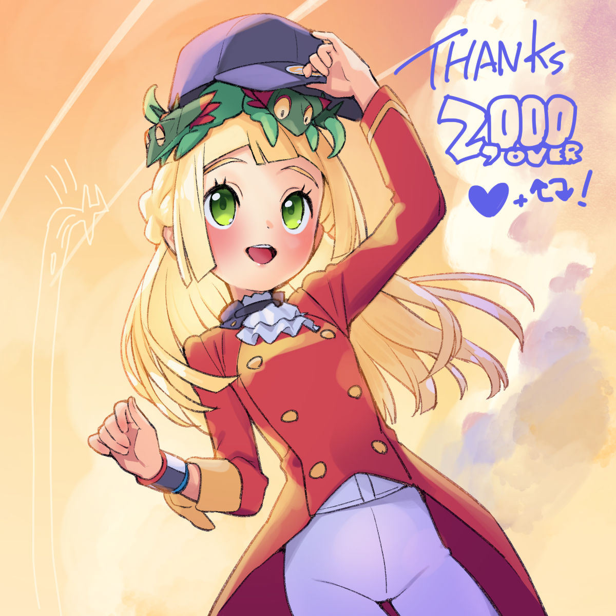 1girl :d arm_up blonde_hair blunt_bangs blush buttons cosplay dreepy dynamax_band eyelashes green_eyes hat highres holding holding_clothes holding_hat jacket kinocopro leon_(pokemon) leon_(pokemon)_(cosplay) lillie_(pokemon) long_hair milestone_celebration on_head open_mouth pants pokemon pokemon_(creature) pokemon_(game) pokemon_on_head pokemon_sm pokemon_swsh red_jacket smile teeth thank_you tongue upper_teeth_only white_pants yellow_background
