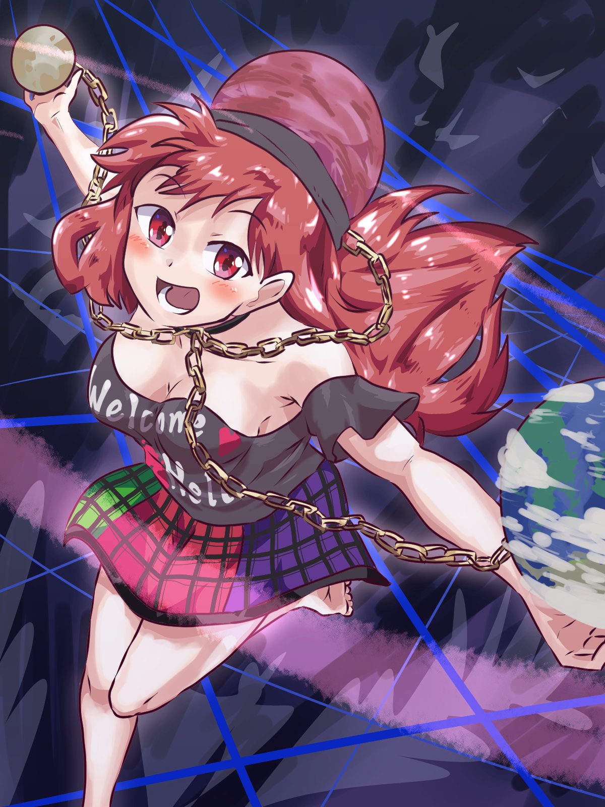 bare_shoulders barefoot black_shirt chain clothes_writing earth_(ornament) from_above hecatia_lapislazuli highres long_hair looking_at_viewer moon_(ornament) multicolored_clothes multicolored_skirt nocochip_main off-shoulder_shirt off_shoulder plaid plaid_skirt polos_crown red_eyes redhead shirt skirt t-shirt touhou underworld_(ornament)