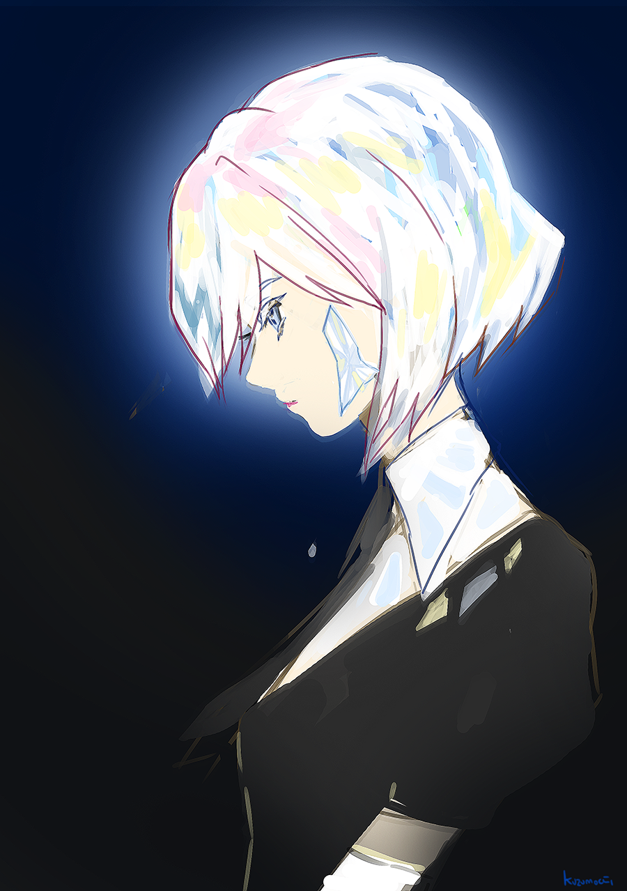 1other black_jacket blue_eyes character_request closed_mouth collared_shirt eyebrows_hidden_by_hair from_side hair_between_eyes highres houseki_no_kuni jacket kuzumochi_(kuzumochiya) looking_down other_focus profile puffy_short_sleeves puffy_sleeves shirt short_sleeves signature solo upper_body white_hair white_shirt