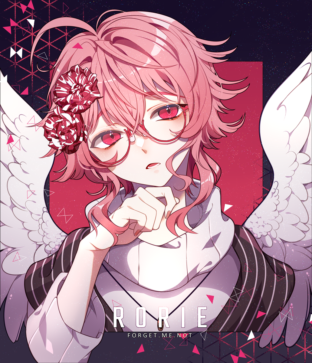1boy angel_wings bishounen black_background black_scarf character_name commentary english_commentary english_text eyelashes feathered_wings flower forget-me-not_(flower) glasses hair_flower hair_ornament hand_on_own_chin head_tilt hen-tie highres jewelry long_sleeves looking_at_viewer loose_hair_strand male_focus original pendant pink_hair pink_nails red-framed_eyewear red_eyes red_flower rorie_(hen-tie) round_eyewear scarf short_hair_with_long_locks solo striped striped_scarf sweater turtleneck upper_body vertical-striped_scarf vertical_stripes wavy_hair white_sweater white_wings wings