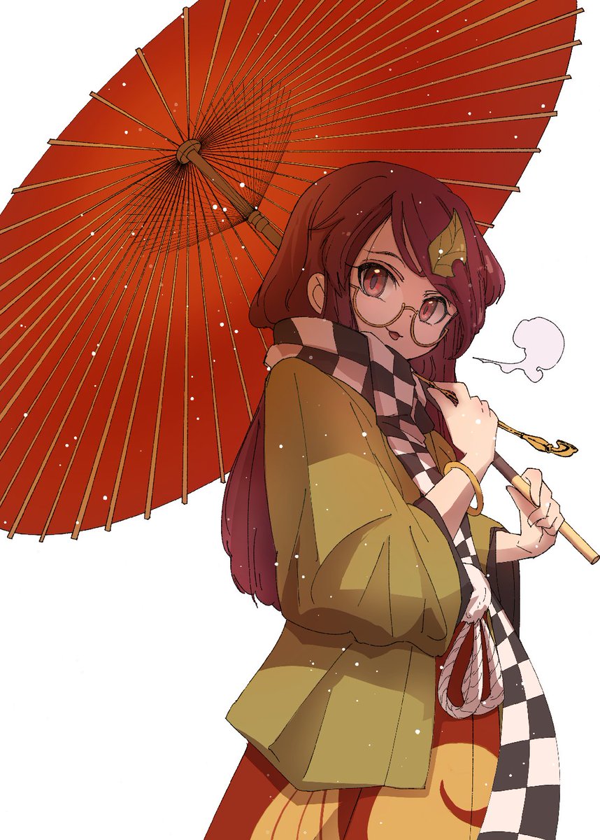 1girl bracelet brown_hair checkered_clothes checkered_scarf cowboy_shot futatsuiwa_mamizou glasses green_jacket hair_ornament hands_up highres holding holding_smoking_pipe holding_umbrella jacket jewelry kiseru leaf leaf_hair_ornament leaf_on_head long_sleeves looking_at_viewer medium_hair oil-paper_umbrella open_mouth orange_umbrella pince-nez pleated_skirt red_eyes round_eyewear ryouryou scarf semi-rimless_eyewear simple_background skirt smoke smoking_pipe solo touhou umbrella white_background wide_sleeves yellow-framed_eyewear